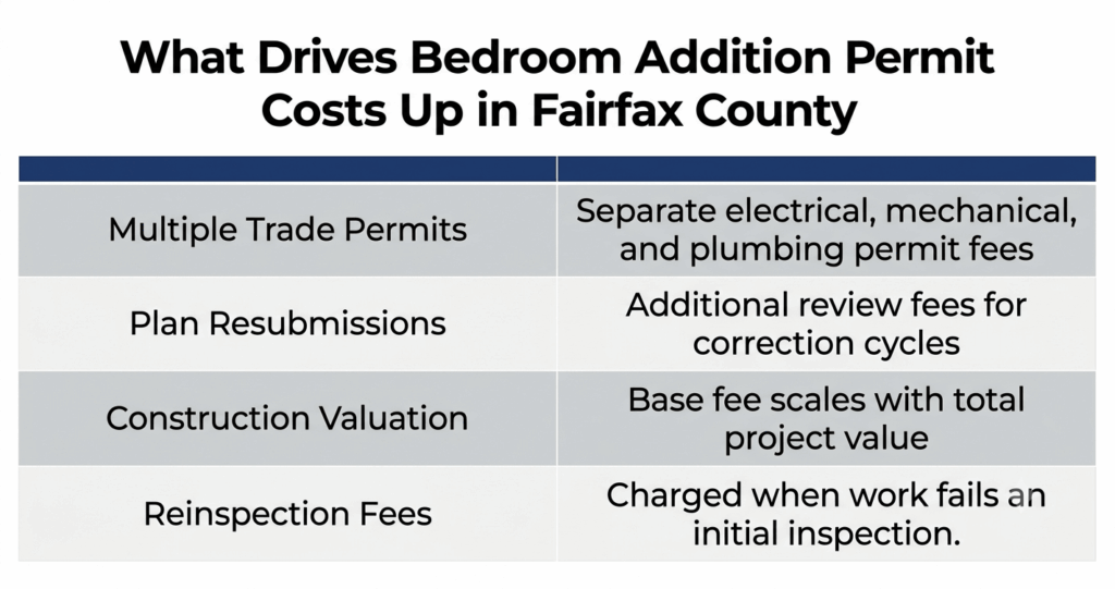 bedroom addition permit cost Fairfax County VA drivers table
