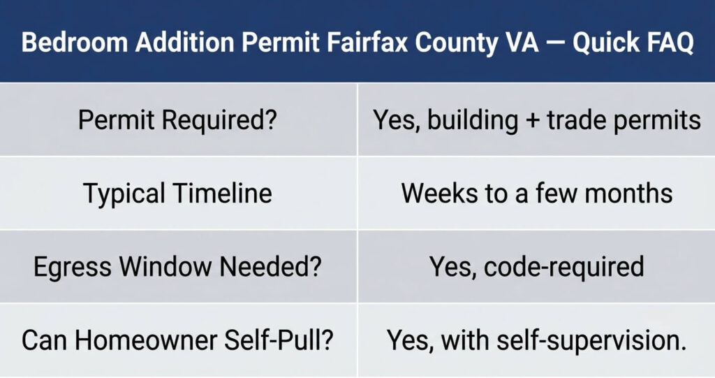 bedroom addition permit Fairfax County VA FAQ quick reference table