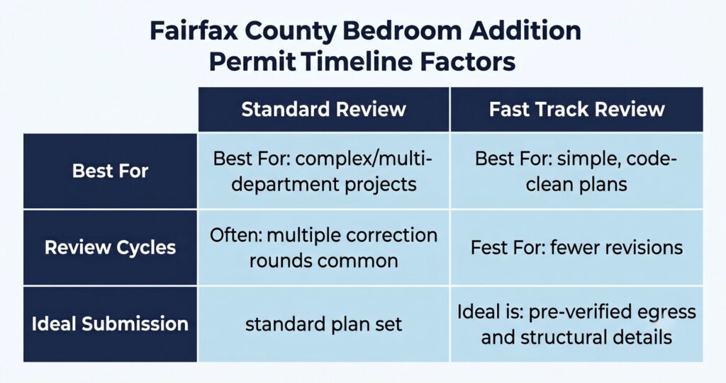 bedroom addition permit timeline Fairfax County VA Fast Track table