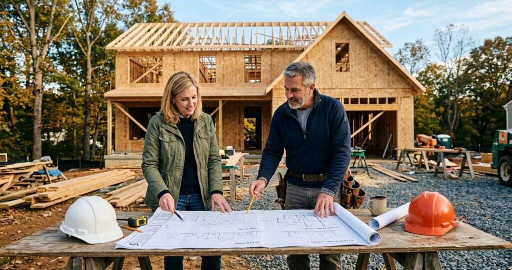 Custom home builder Northern Virginia reviewing blueprints with homeowner
