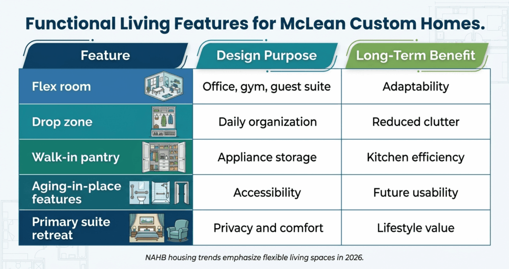 7 Best Custom Home Design Ideas McLean VA 2026 6 Custom home design ideas McLean VA functional living spaces table flex rooms storage aging in place