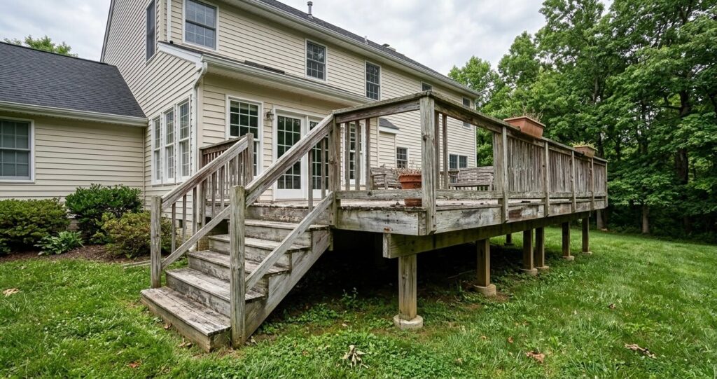 Deck addition before after Vienna VA aging wood deck prior to composite deck replacement
