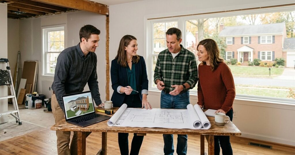 Design-build Northern Virginia team reviewing blueprints with homeowners