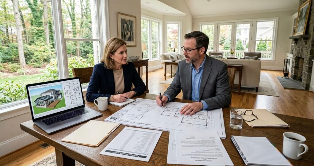 Finance a home addition in Northern Virginia homeowner discussing home addition financing and budgeting options with a design-build consultant.