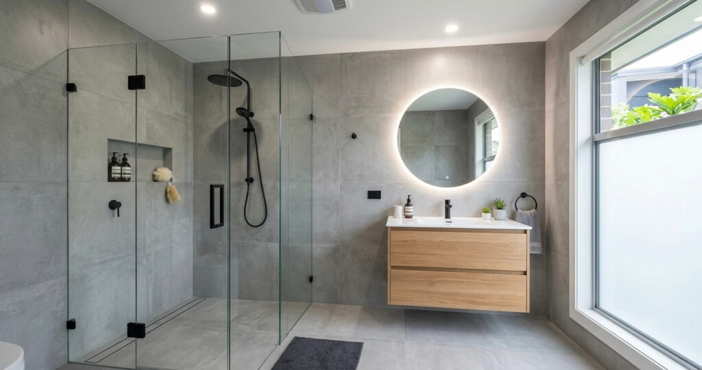 Full home renovation before after Vienna VA — curbless walk-in shower bathroom renovation