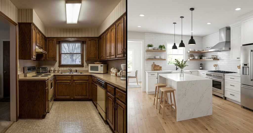 Full home renovation before after Vienna VA — side by side comparison of whole house transformation