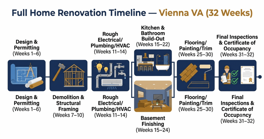 Full home renovation timeline Vienna VA — 32-week whole house construction schedule