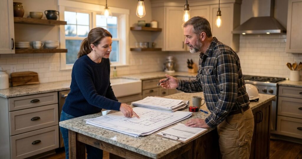 reviewing kitchen remodel permit blueprints Fairfax County VA