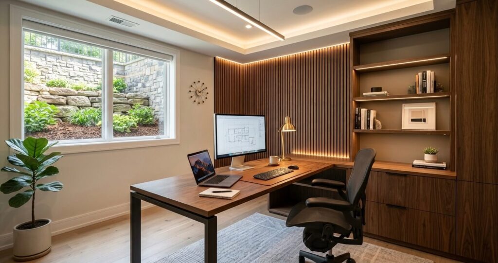 basement home office design ideas Fairfax VA luxury finished workspace modern office setup

