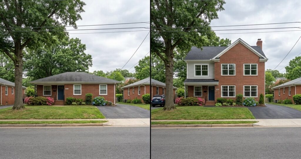 Pop-top addition Arlington VA before and after — single-story rambler transformed into two-story home