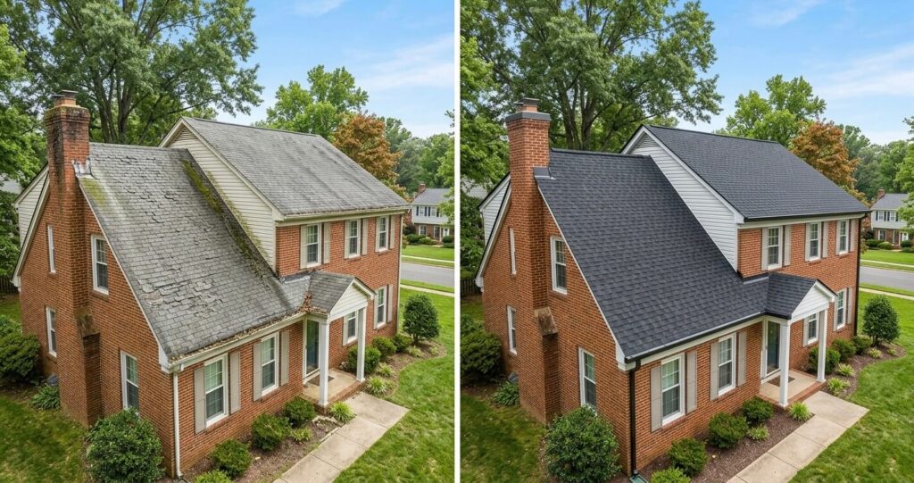 Roof replacement before and after McLean VA showing aging asphalt shingles versus new architectural shingle roof