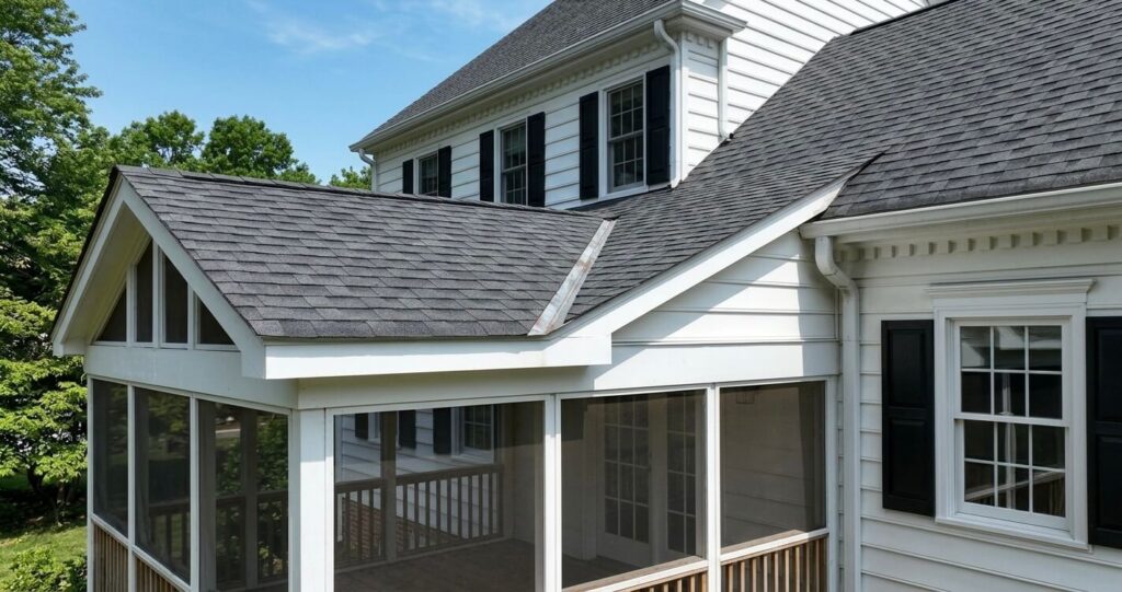 Screened porch roofline tie-in Vienna VA colonial home