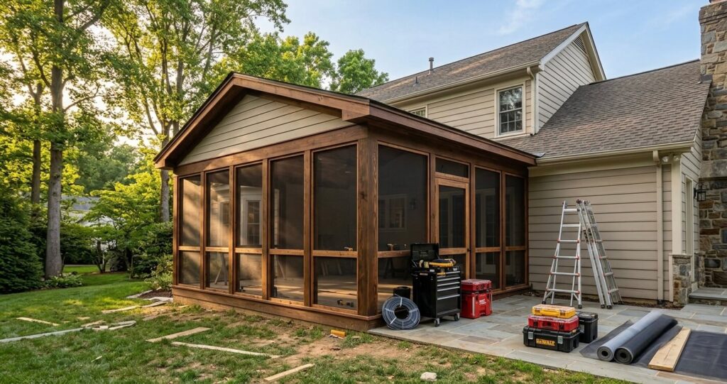 Screen porch addition construction timeline Great Falls VA

