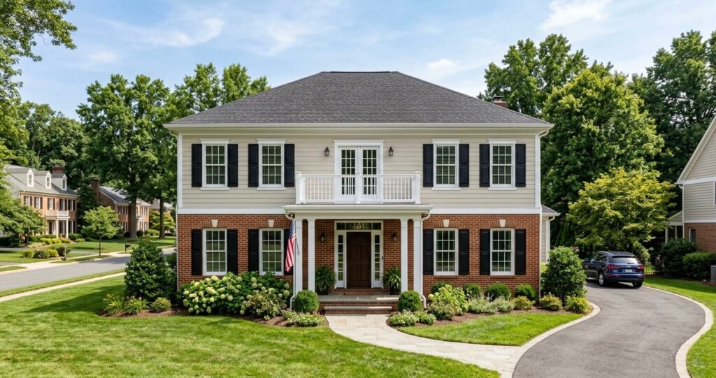 Second story addition Northern Virginia completed on a Colonial-style home with matching roofline and exterior finishes