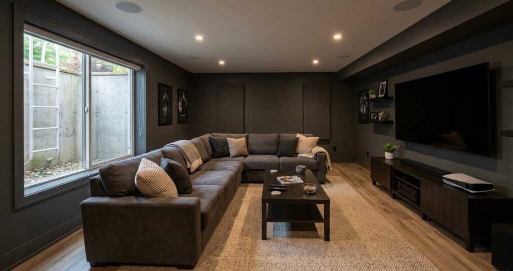 Whole house transformation Vienna VA — finished basement media room after full home renovation