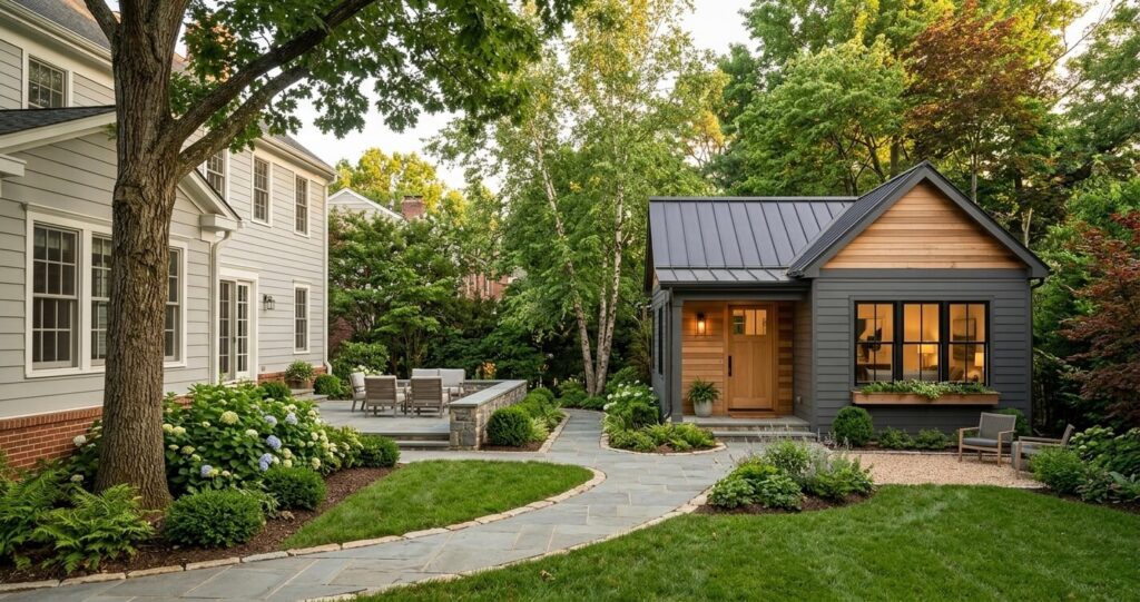 ADU cost Northern Virginia detached backyard cottage in a suburban neighborhood