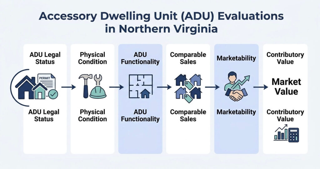 ADU home value Northern Virginia appraisal process comparable sales legal status marketability

