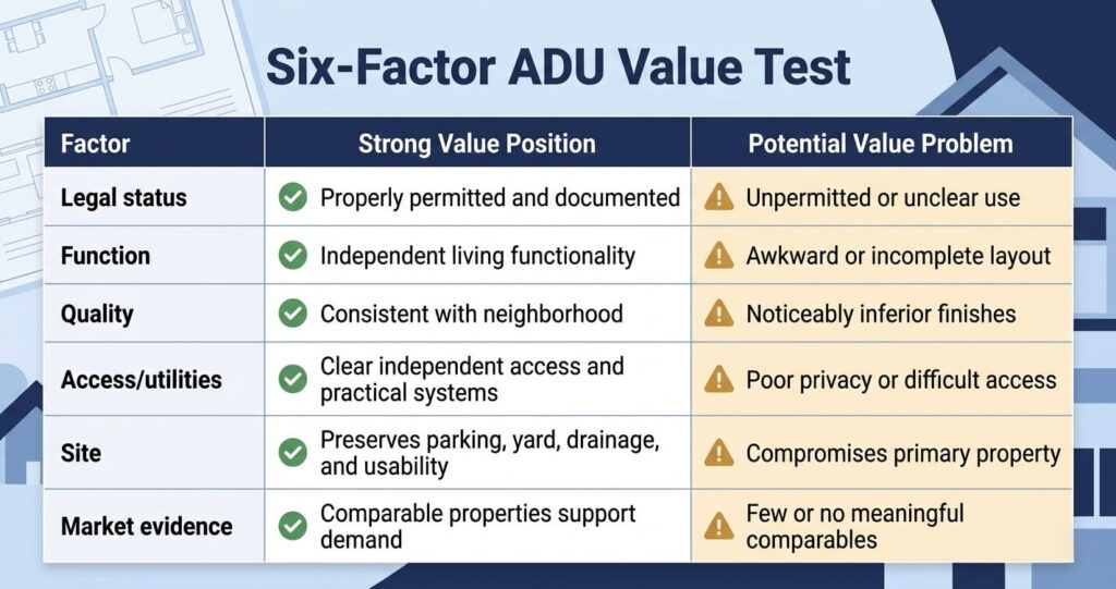 ADU home value Northern Virginia six key appraisal value factors

