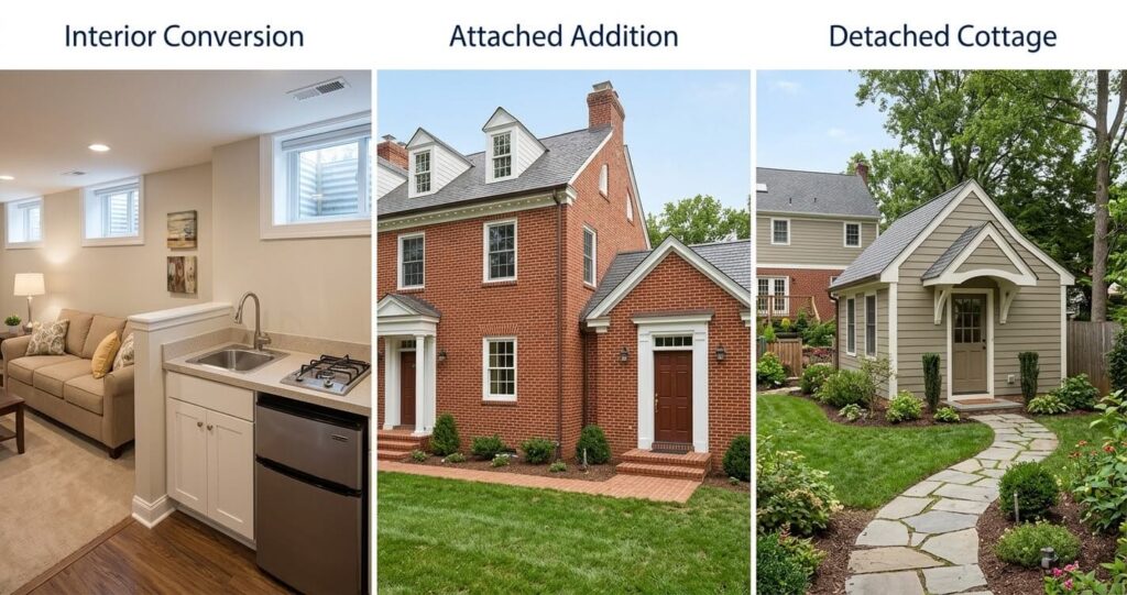 ADU vs Assisted Living Northern Virginia: 2026 Guide 4 ADU types Northern Virginia interior attached detached comparison