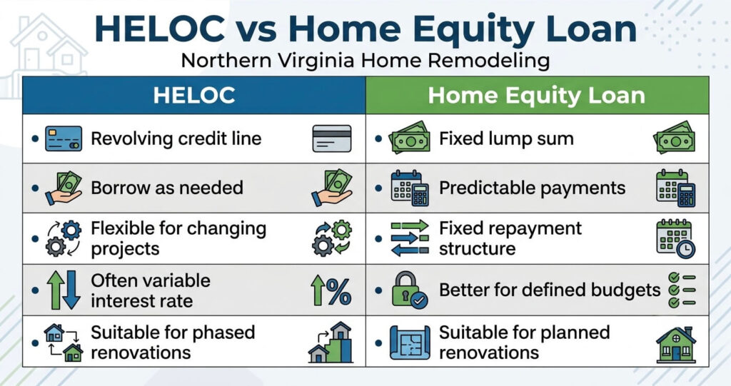 Home Remodeling Financing Northern Virginia: HELOC & Loans Guide (2026) 4 Home remodeling financing Northern Virginia HELOC vs home equity loan comparison table