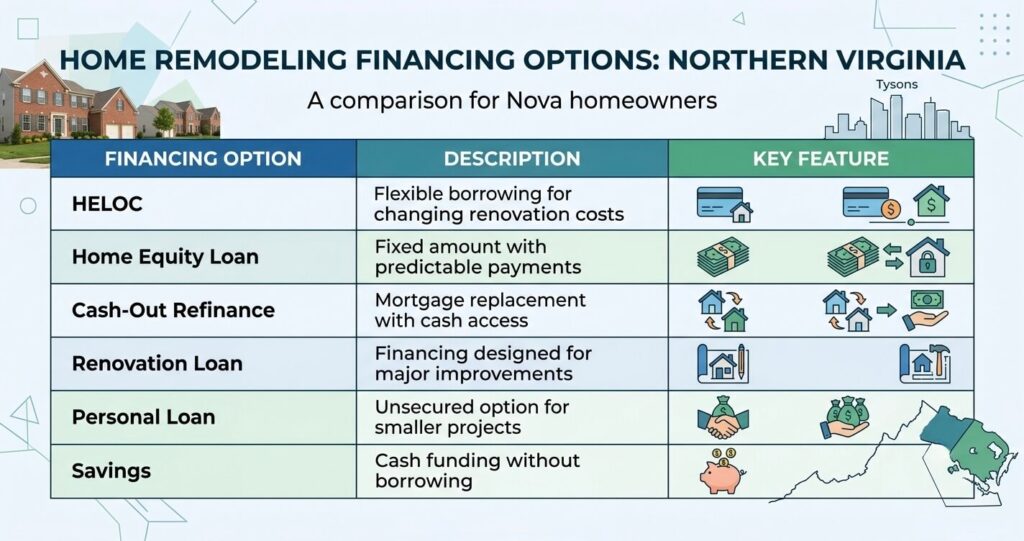 Home Remodeling Financing Northern Virginia: HELOC & Loans Guide (2026) 3 Home remodeling financing Northern Virginia options including HELOC loans and renovation funding