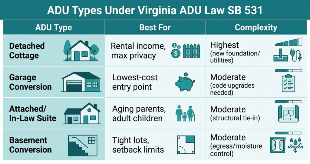 Virginia ADU Law SB 531 Explained: A Detailed Guide 5 ADU types comparison table for Virginia ADU law SB 531 projects