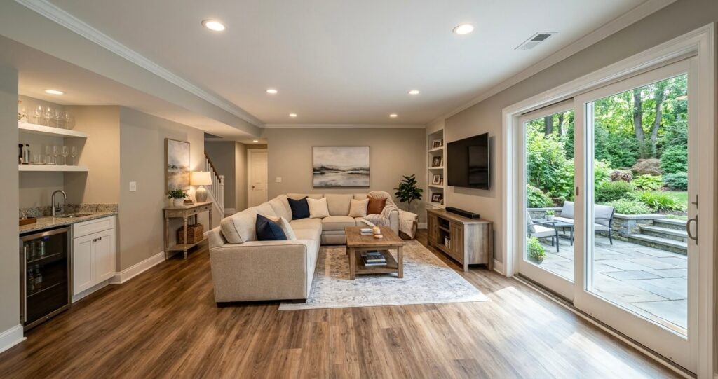 Walkout basement before and after McLean VA finished recreation room