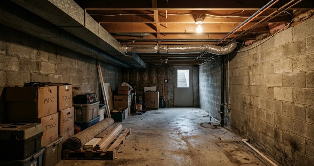 Unfinished walkout basement before renovation McLean VA