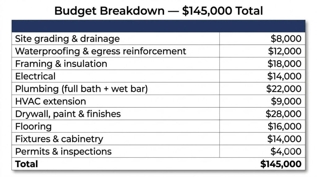 Walkout basement before and after McLean VA budget breakdown table
