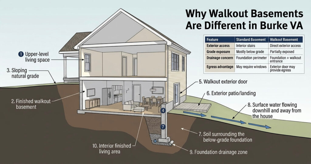 8 Costly Walkout Basement Mistakes Burke VA: Expert Guide 2 Walkout basement mistakes Burke VA sloped lot grading drainage and exterior access diagram