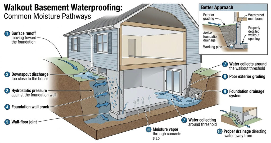 8 Costly Walkout Basement Mistakes Burke VA: Expert Guide 3 Walkout basement mistakes Burke VA waterproofing moisture pathways and foundation drainage