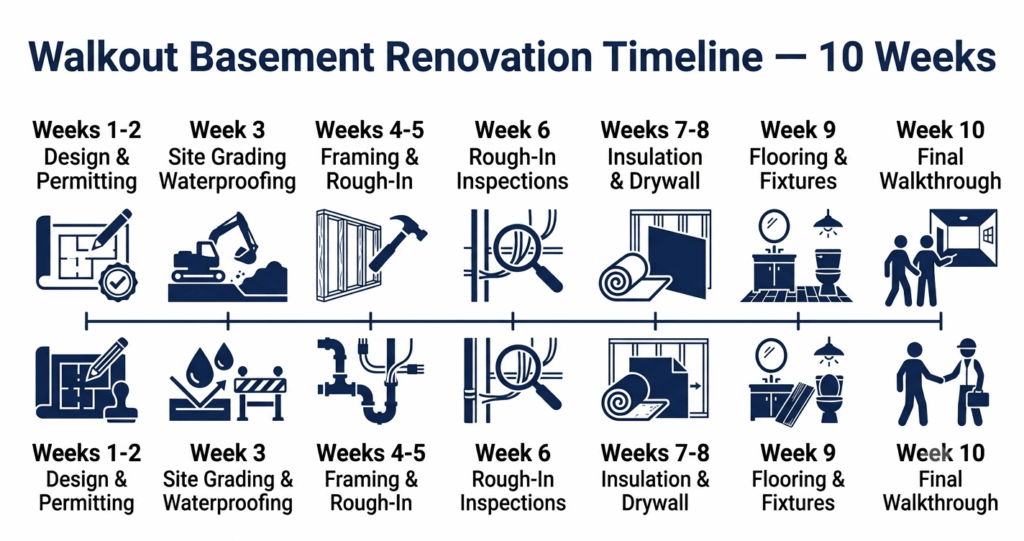 Walkout basement renovation timeline table McLean VA