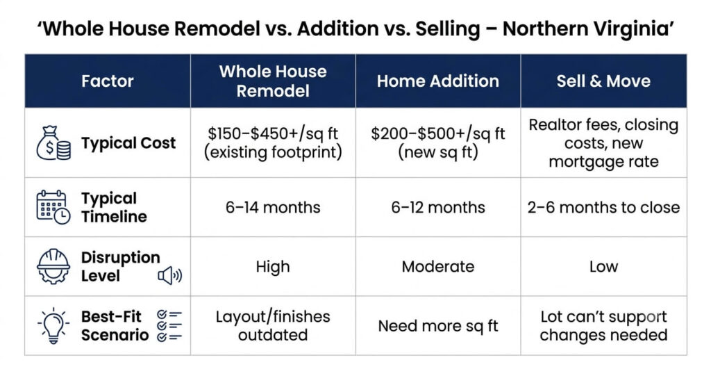 Whole house remodel vs addition vs selling comparison Northern Virginia