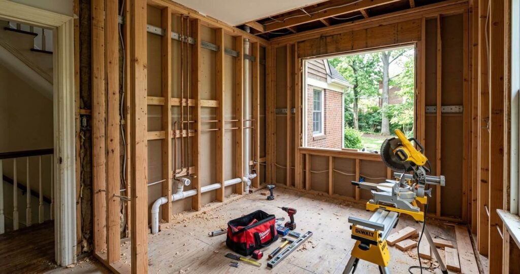 Bathroom addition under construction in a Northern Virginia home