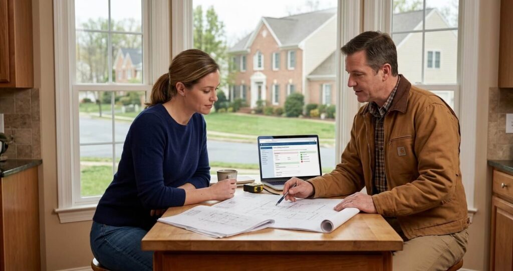 Contractor reviewing Fairfax County remodeling permit plans for a Northern Virginia home remodel timeline

