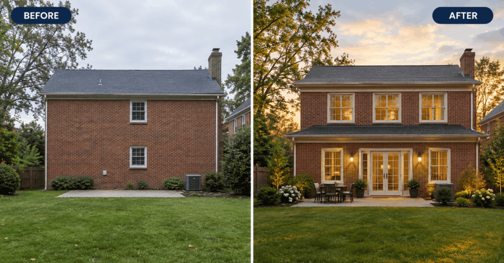 Home addition before and after McLean VA: rear of a 1972 Colonial with a new two-level family room and primary suite addition