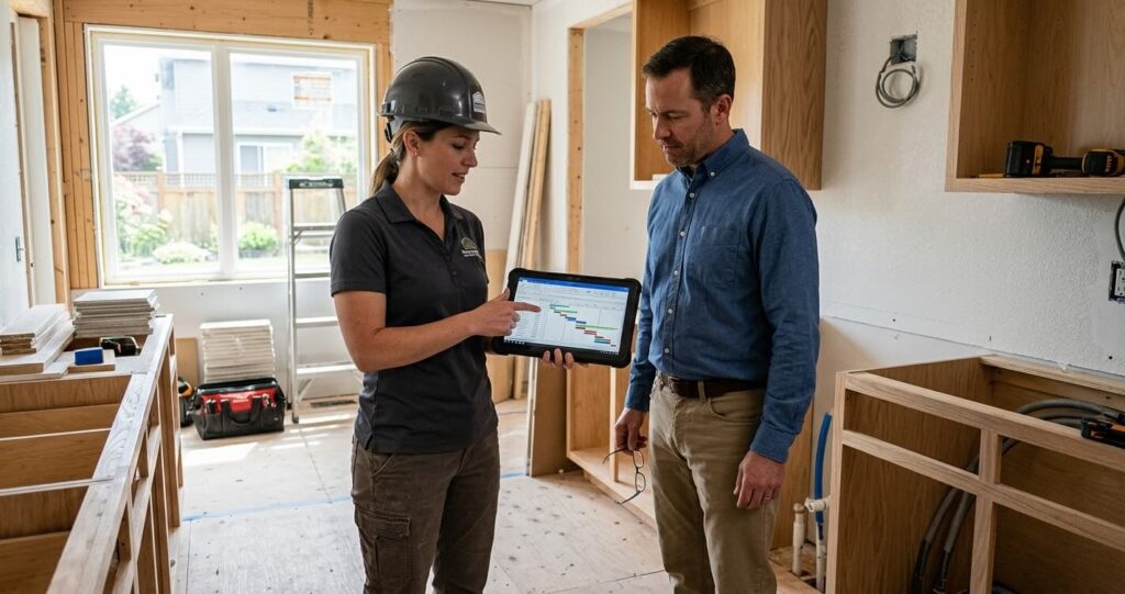 Contractor and homeowner reviewing a home remodel timeline Northern Virginia schedule on site

