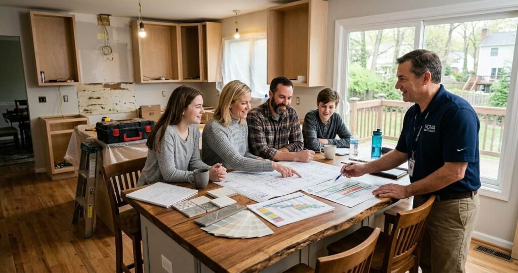 Home remodel timeline Northern Virginia: family reviewing renovation plans with a design-build team

