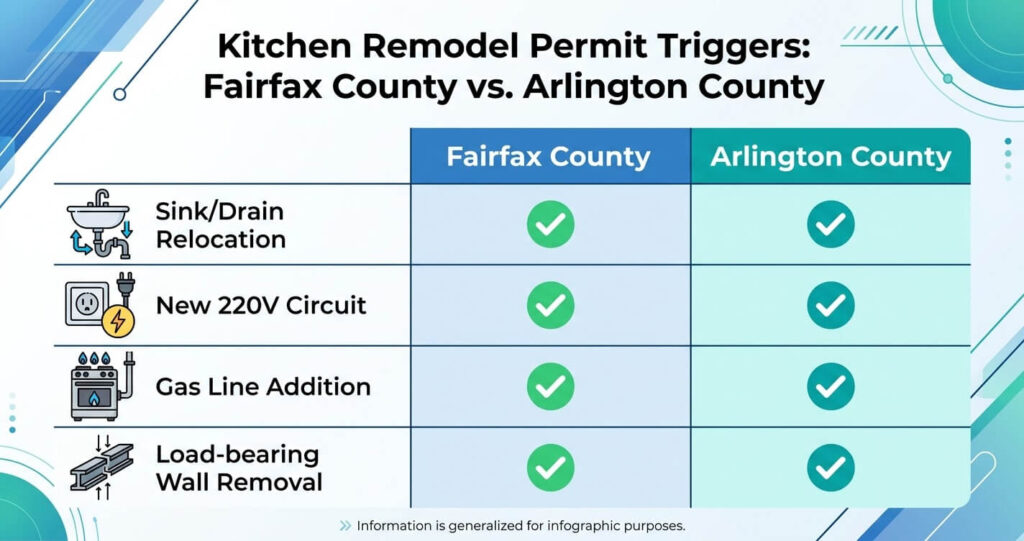 Kitchen Remodeling Contractor: Northern Virginia 3 Fairfax County Arlington kitchen remodel permit triggers comparison table Northern Virginia