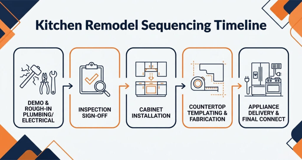 Kitchen Remodeling Contractor: Northern Virginia 6 Kitchen remodel project sequencing timeline plumbing electrical appliance Northern Virginia