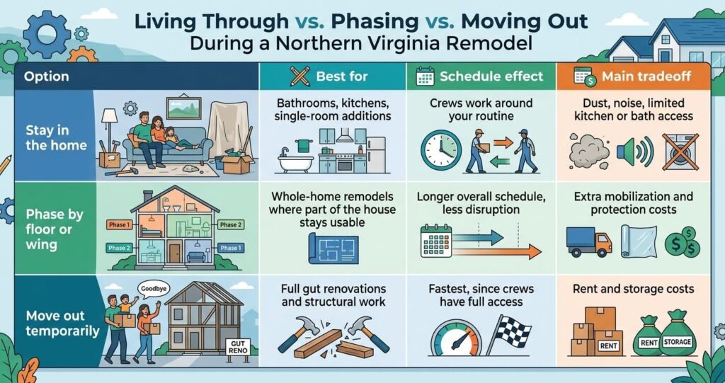 Living in your home during a Northern Virginia remodel: stay, phase or move out compared

