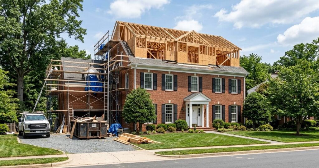 Second story addition cost McLean VA — colonial home mid-construction