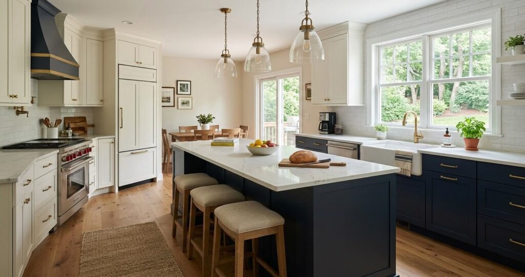 Finished kitchen remodel in Fairfax County Virginia with custom cabinets, completed ahead of the kitchen remodel tariff deadline