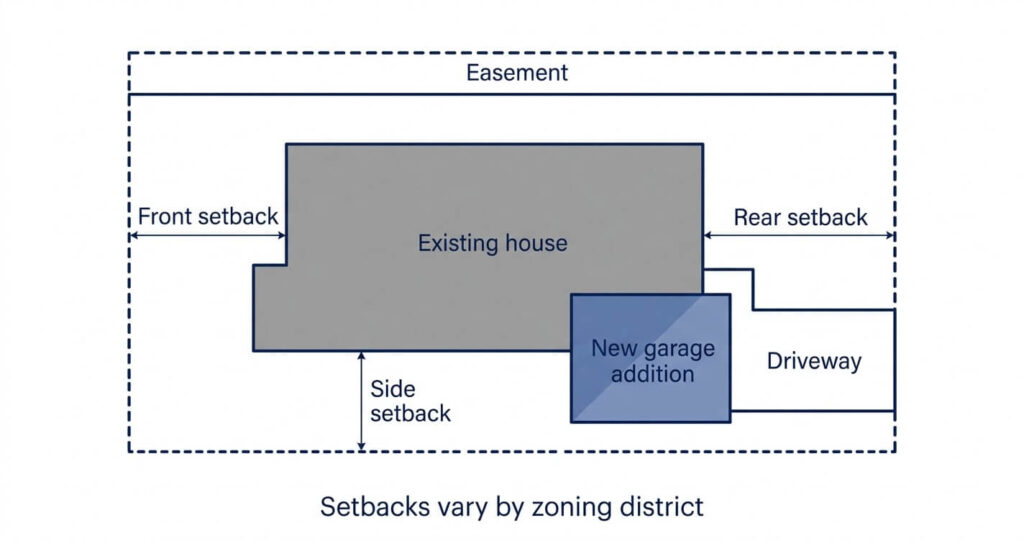 Garage Addition Fairfax County VA: 7 Essential Steps 3 Garage addition Fairfax County VA setback diagram showing side, rear and front yard limits on a Northern Virginia lot