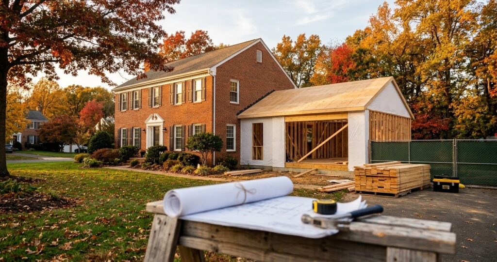Home addition permit Fairfax County VA: rear home addition framing on a Northern Virginia house in fall