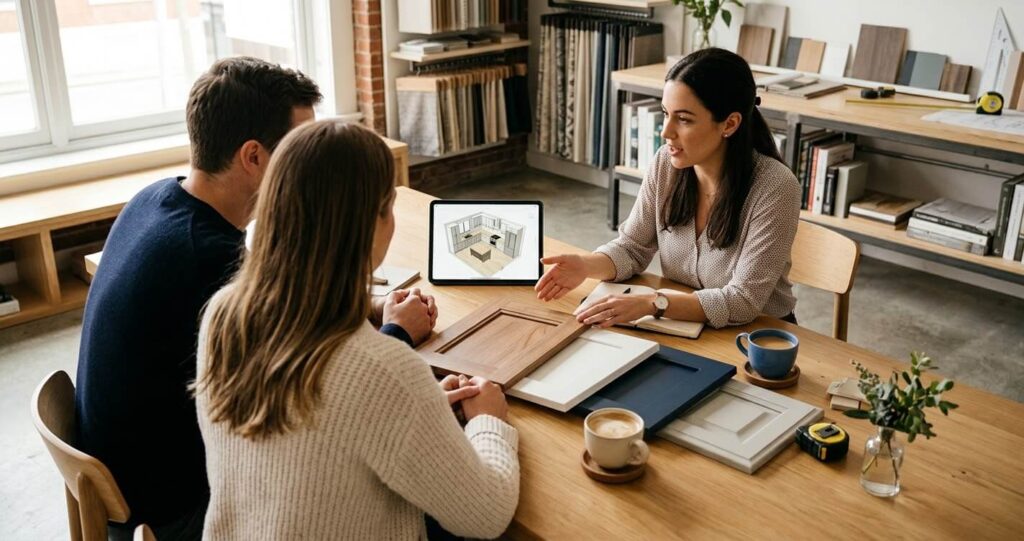 Homeowners reviewing cabinet samples before the kitchen remodel tariff deadline in Northern Virginia, Fairfax County design consultation