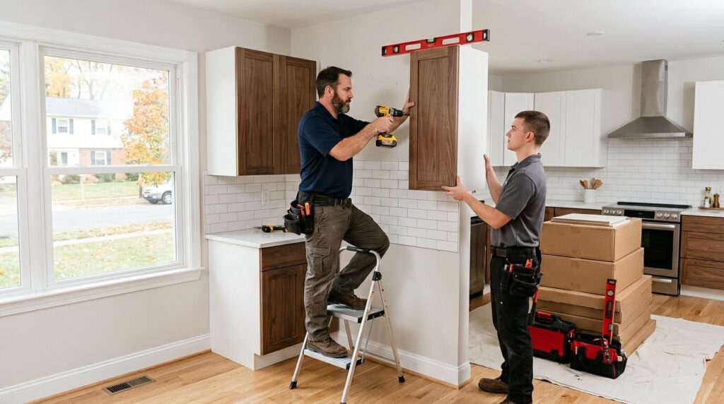 Kitchen remodel tariff deadline Northern Virginia: installers fitting new kitchen cabinets, imported vs domestic cabinet options