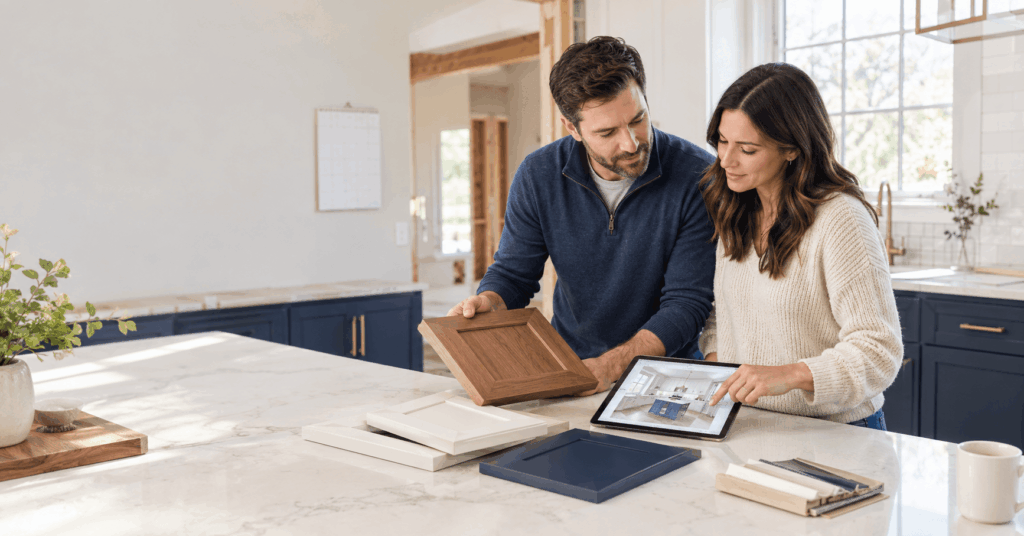 Kitchen Cabinet Order Deadline Northern Virginia 1 Kitchen cabinet order deadline Northern Virginia: homeowners comparing cabinet samples while planning a 2027 kitchen remodel